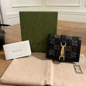 Gucci Jackie Wallet GG Canvas Black Leather Gold Hardware Full Set Authentic